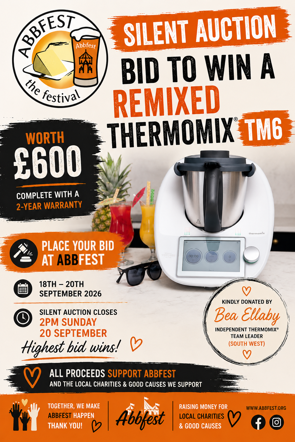 Silent Auction — Bid to win a Remixed Thermomix TM6 worth £600, kindly donated by Bea Ellaby. Auction closes 2pm Sunday 20 September 2026.