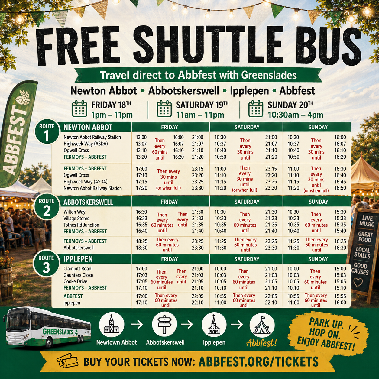 Free Abbfest shuttle bus timetable showing routes from Newton Abbot, Abbotskerswell and Ipplepen on Friday 18th, Saturday 19th and Sunday 20th September
